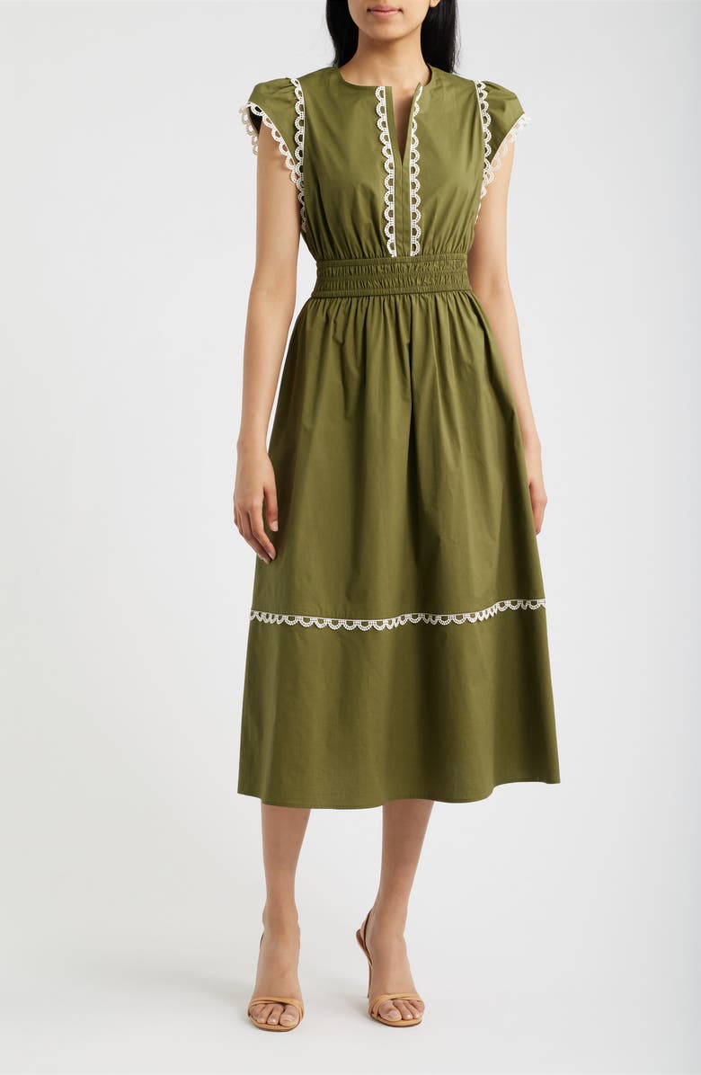 Anne Klein Scallop Cap Sleeve Midi Dress, Main, color, Ivy / White Dove