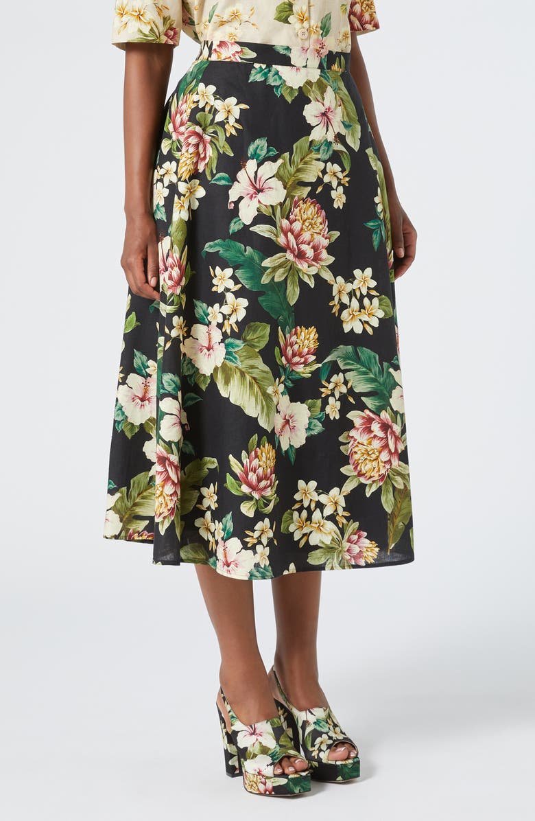 Marina Rinaldi Tambuto Floral Linen & Cotton A-Line Skirt, Main, color, Black