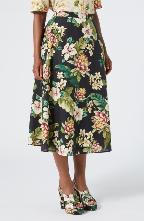 Tambuto Floral Linen & Cotton A-Line Skirt (Plus)