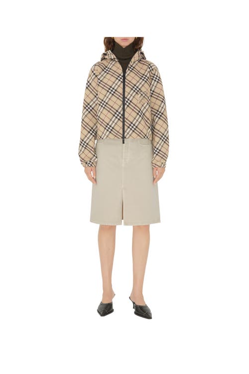 Burberry Cropped Hooded Jacket With Classic Plaid Pattern In Alabaster