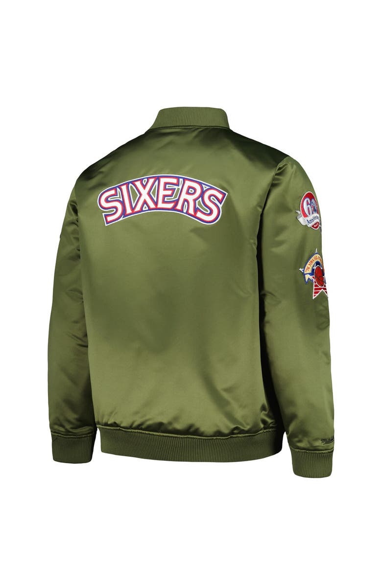 Mitchell & Ness Men's Mitchell & Ness Olive Philadelphia 76ers Hardwood Classics Retro Satin Full-Zip Jacket, Alternate, color, 