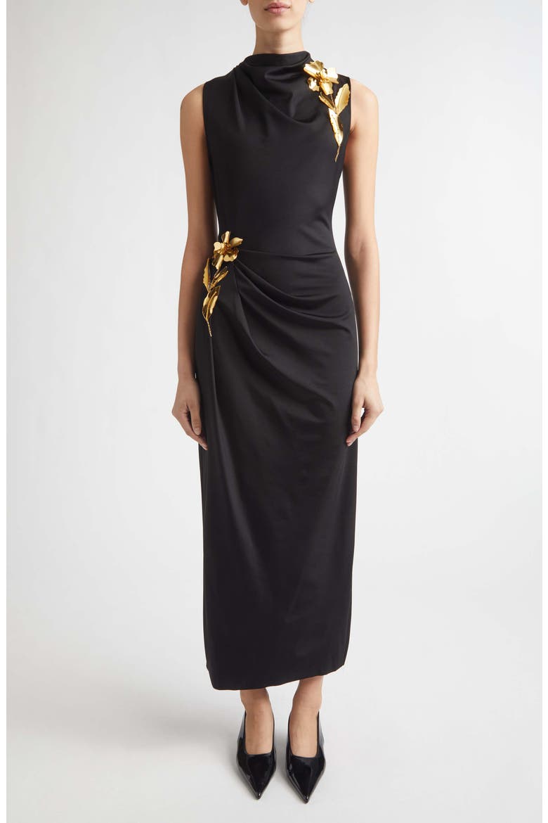 Metallic Embroidered Satin Midi Dress, Main, color, BLACK/ GOLD