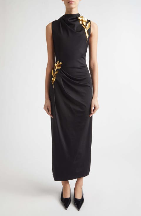 Metallic Embroidered Satin Midi Dress