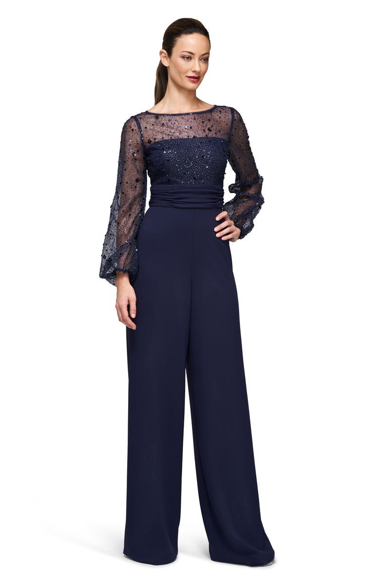 JS Collections Raelynn Embellished Long Sleeve Wide Leg Jumpsuit, Alternate, color, Deep Navy