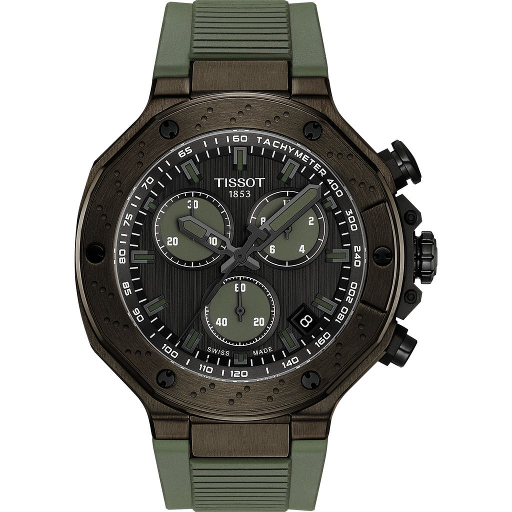 Tissot Men's Swiss Chronograph T-race Green Rubber Strap Watch 45mm In Grey