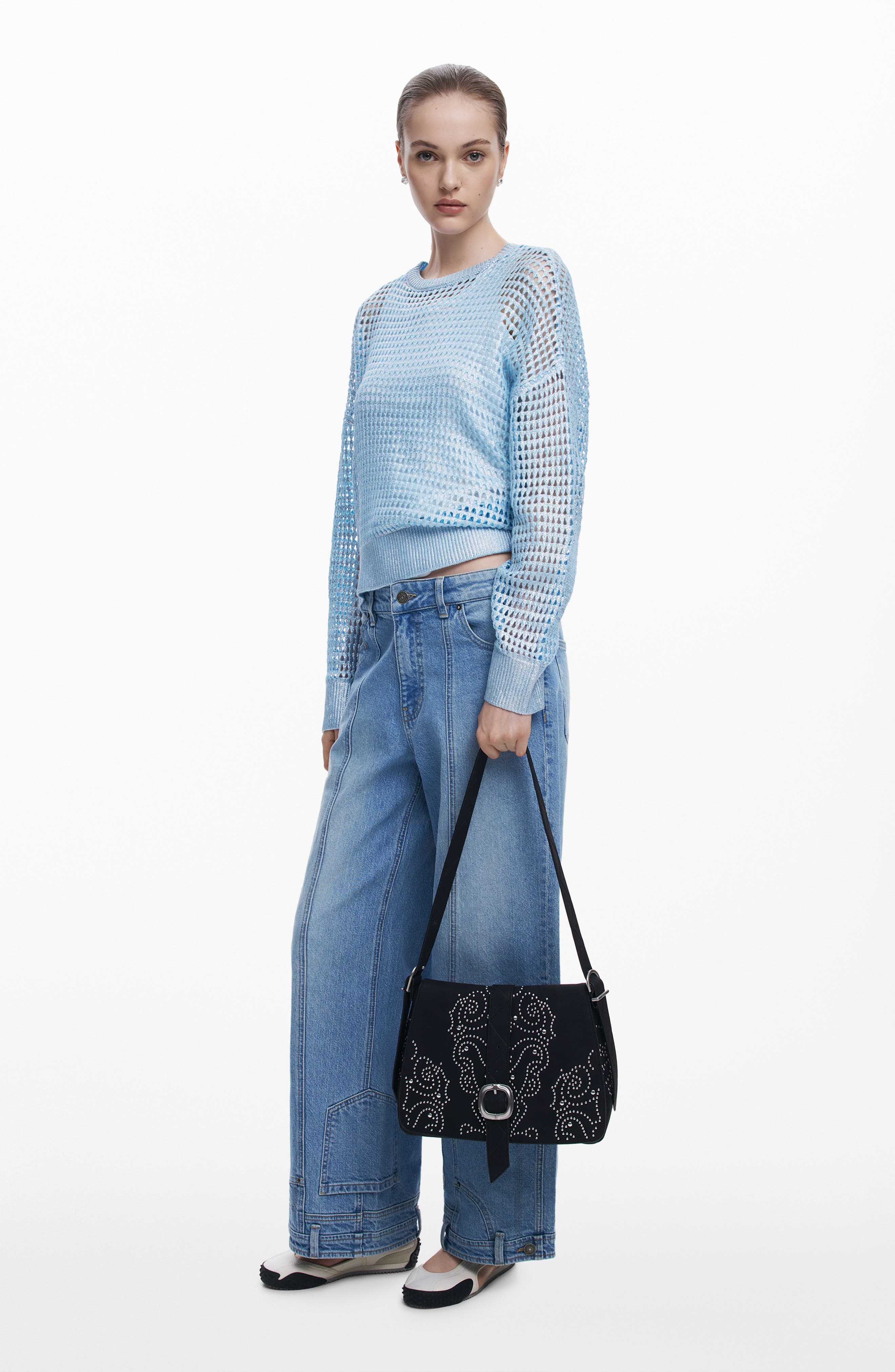 Desigual Studded Faux Leather Crossbody Bag, Alternate, color, Black