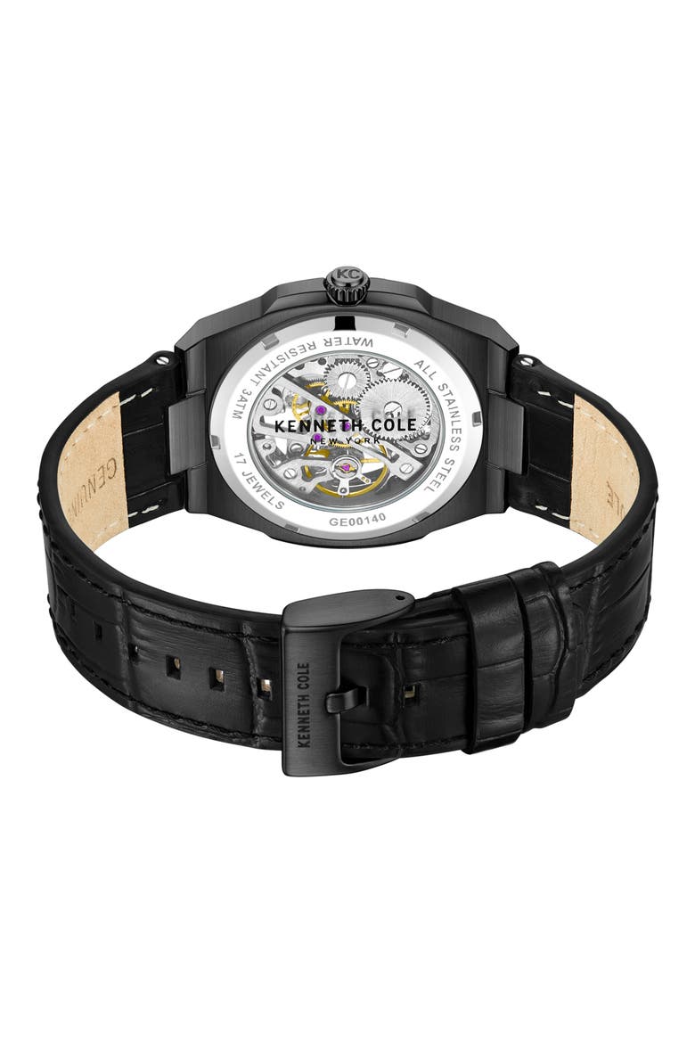 Mechanical Embossed Leather Strap Watch, 25mm, Alternate, color, BLACK