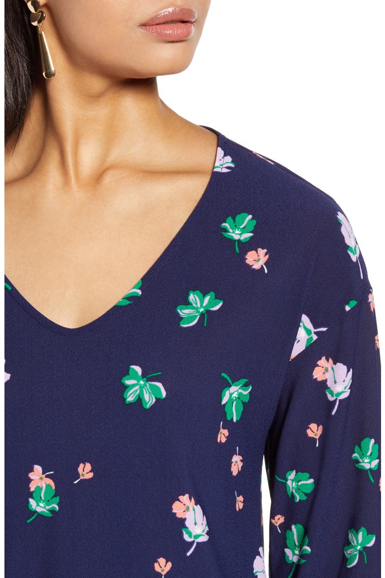 V-Neck Puff Sleeve Knit Top, Alternate, color, NAVY P DISTANT FLORAL