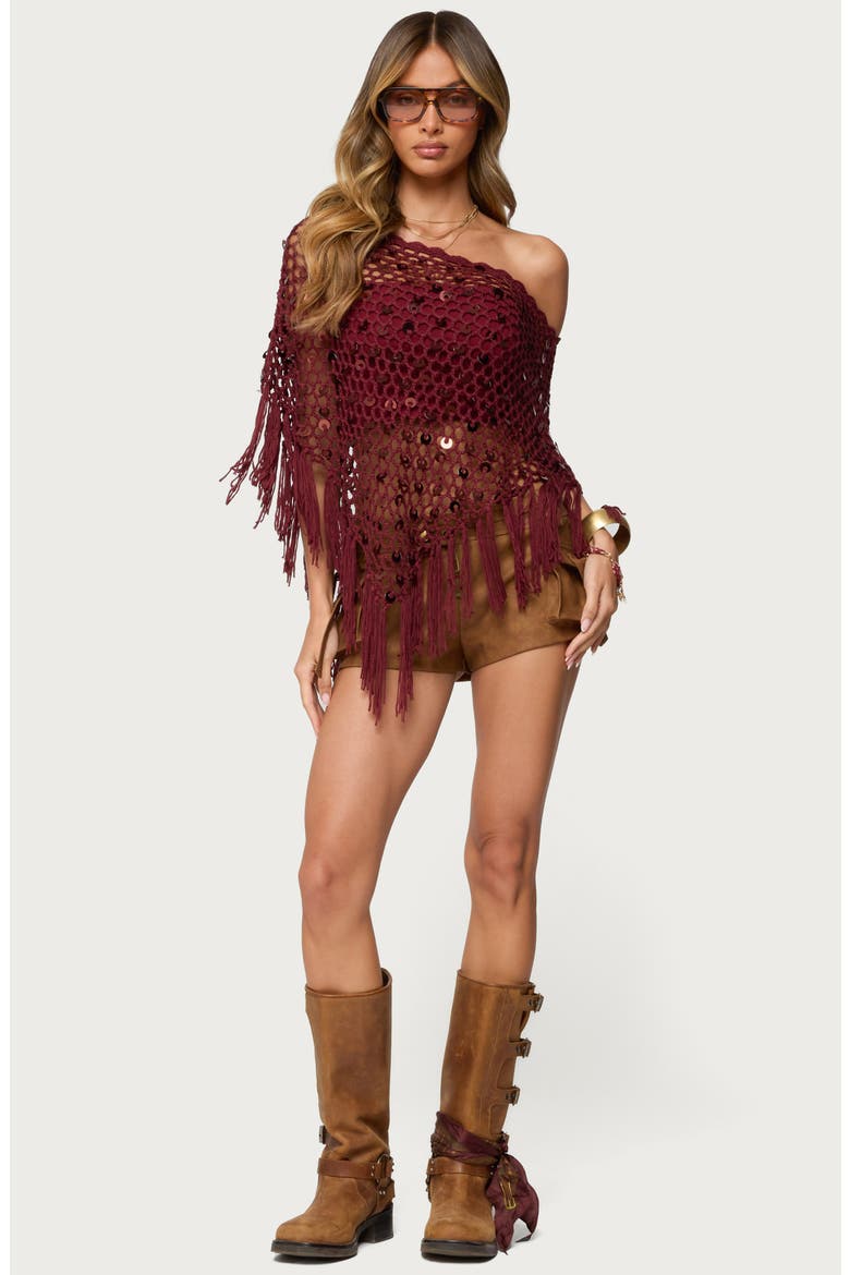 Open Stitch Sequin Fringe Poncho, Alternate, color, BURGUNDY