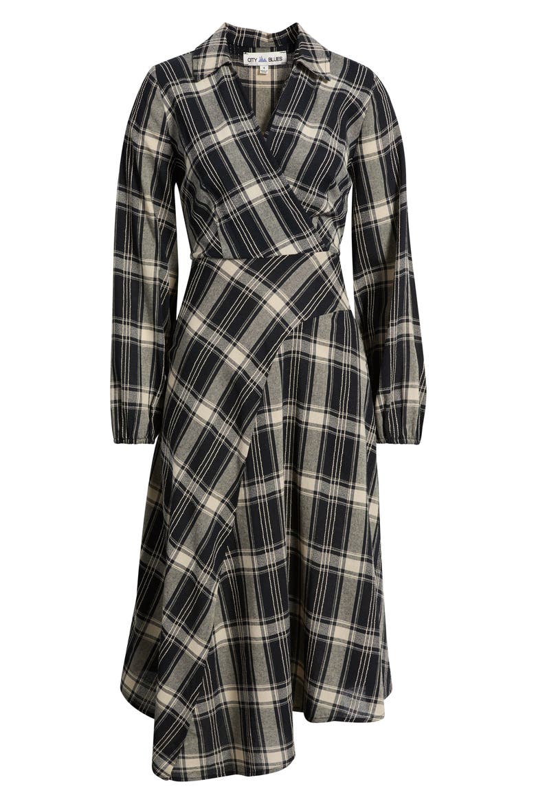 Long Sleeve Asymmetric Plaid Shirtdress, Alternate, color, BLACK
