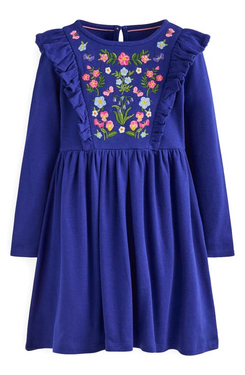 Kids' Embroidered Ruffle Long Sleeve Cotton Dress (Toddler, Little Kid & Big Kid)