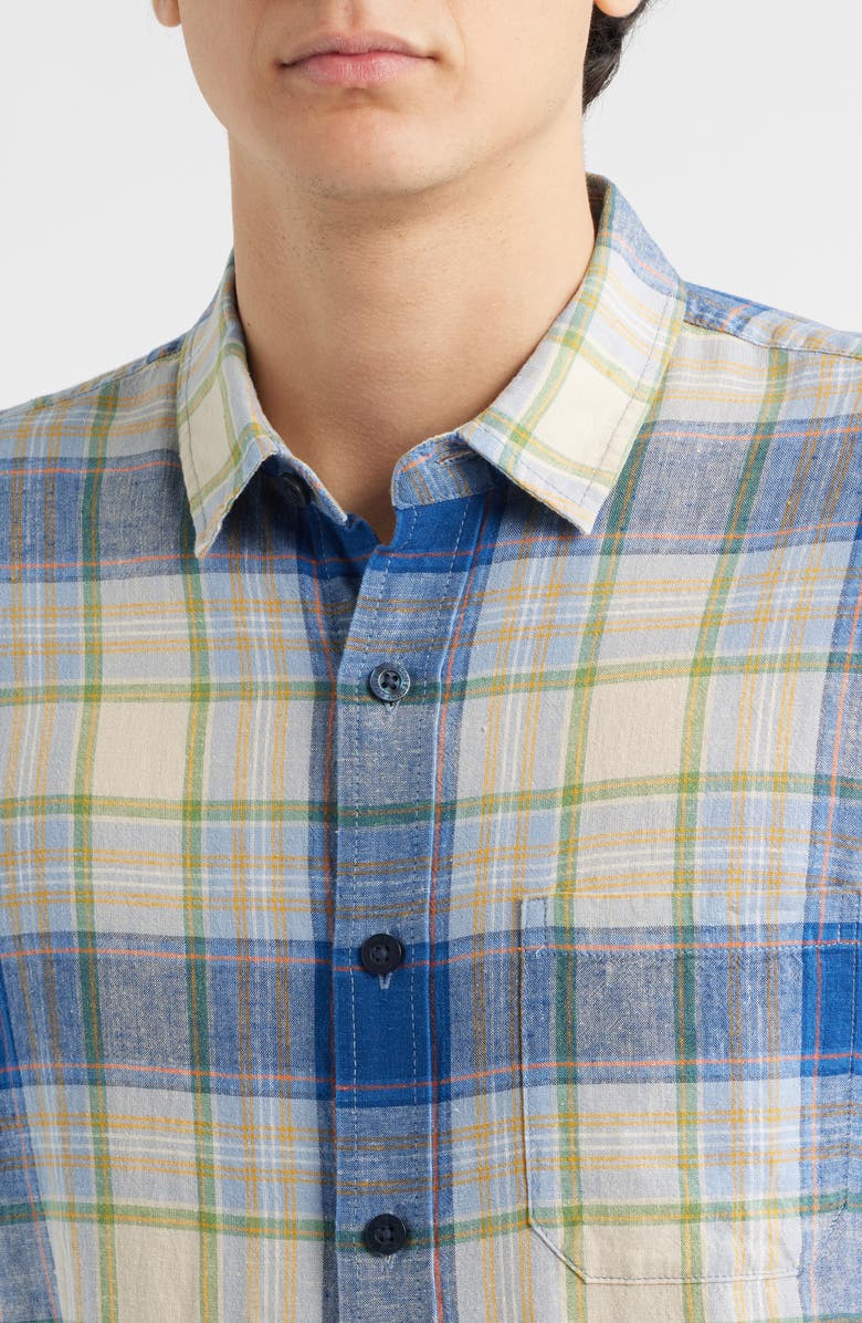 Pendleton Dawson Plaid Short Sleeve Linen Blend Button-Up Shirt, Alternate, color, Blue Multi Plaid