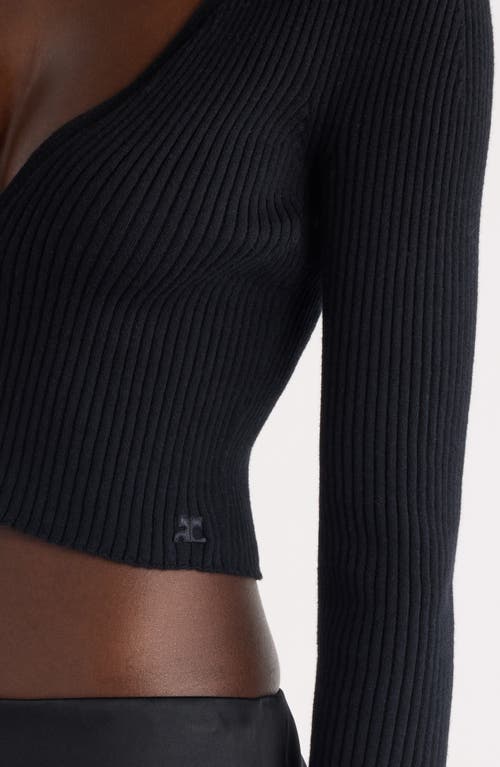 Shop Courrèges Solar Light Crop Cotton & Merino Wool Rib Cardigan In Black