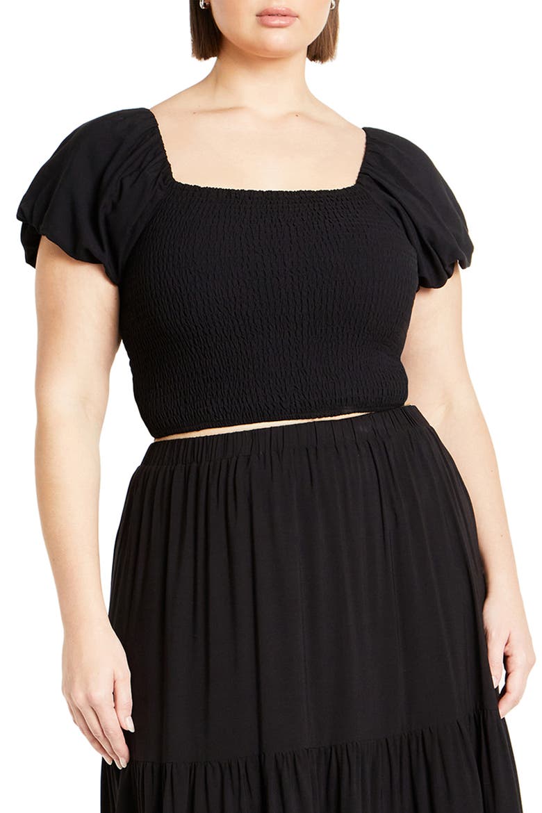 Dylan Smocked Puff Sleeve Crop Top, Main, color, BLACK