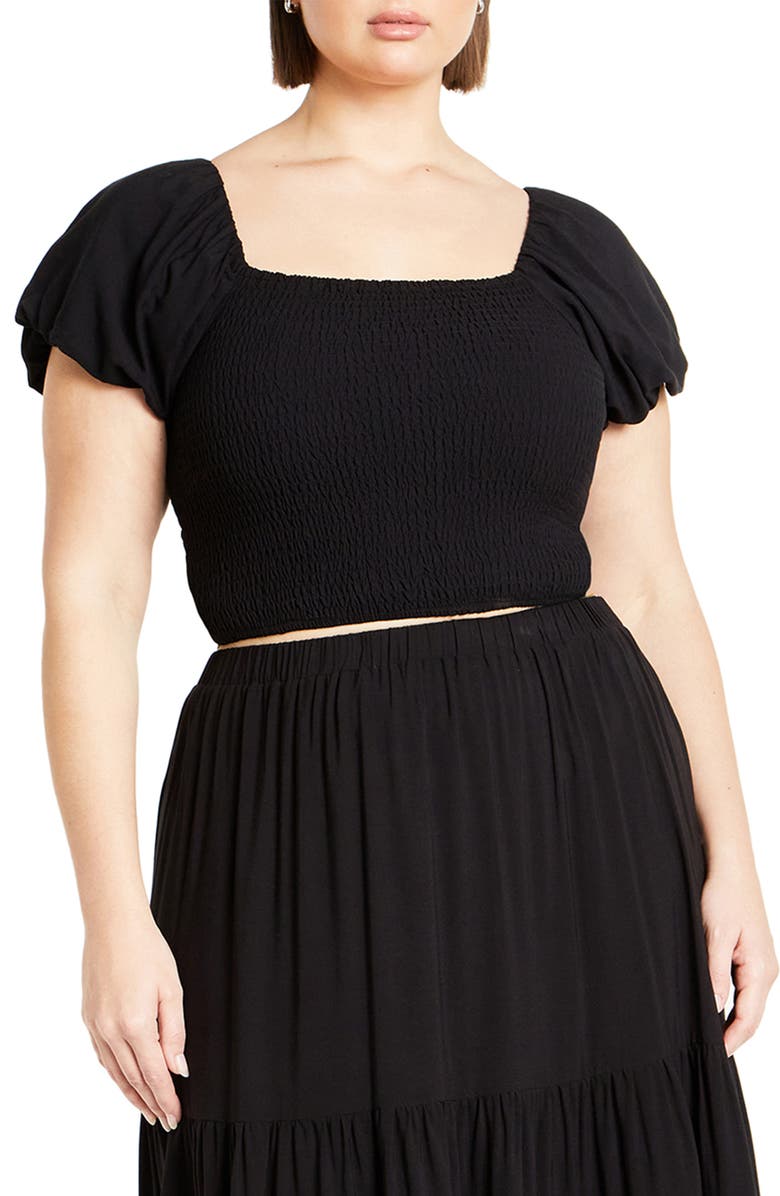City Chic Dylan Smocked Puff Sleeve Crop Top, Main, color, Black