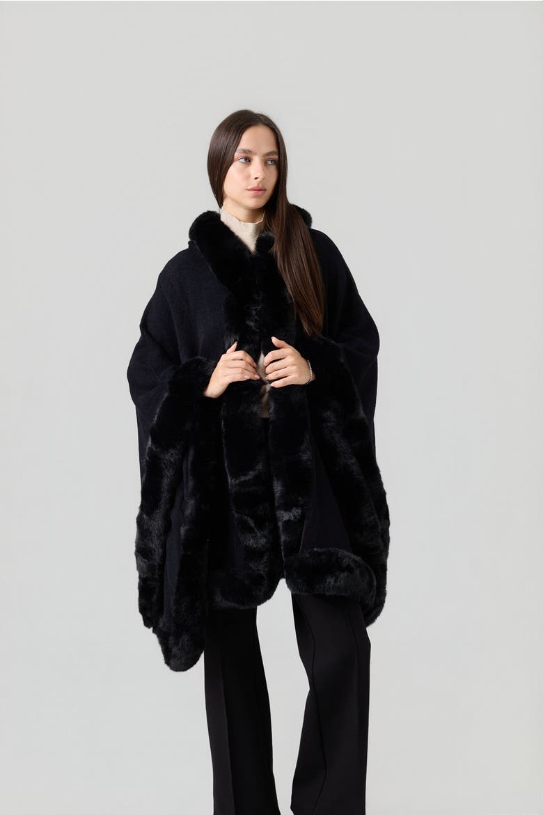 Hodded Faux Fur Long Cape, Alternate, color, Black