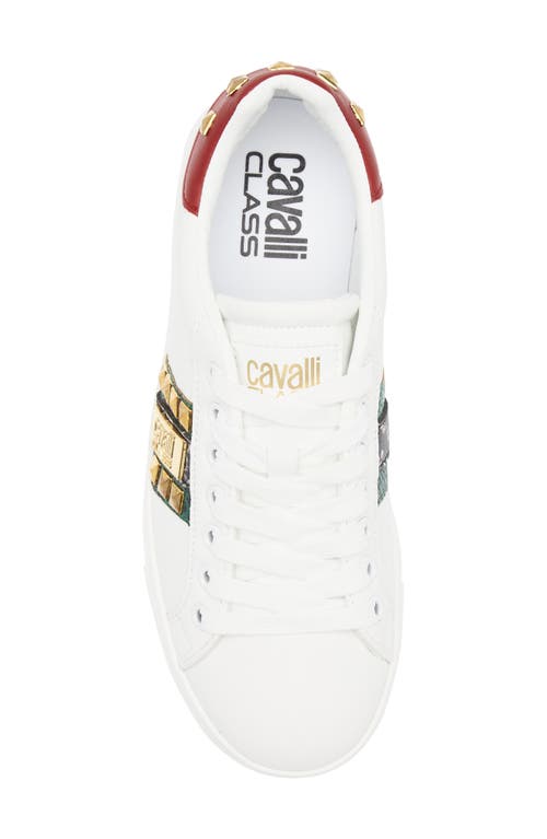 Roberto Cavalli Snake Embossed Pyramid Stud Tennis Shoe In White