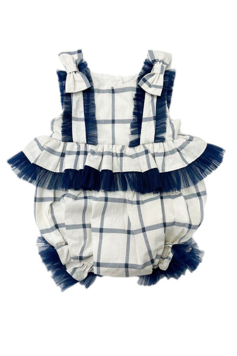 Checkered Linen Ruffle Romper, Alternate, color, Navy Checkered