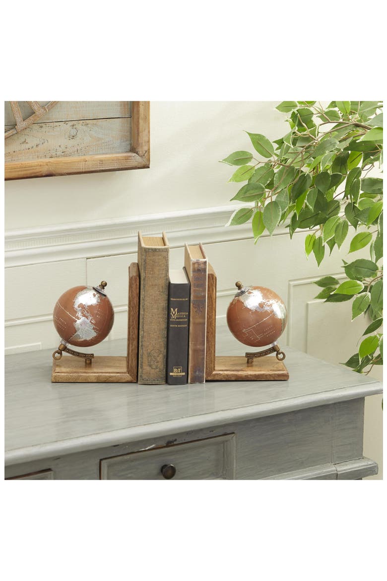 Brown Wood Globe Bookends, Alternate, color, BROWN