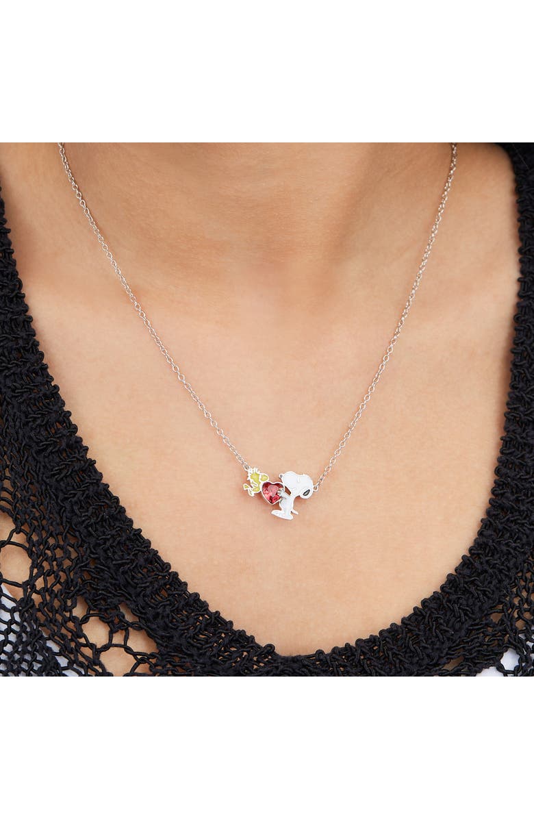 PEANUTS Snoopy and Woodstock Red Crystal Heart Necklace, 18'', Alternate, color, Silver, White, Red