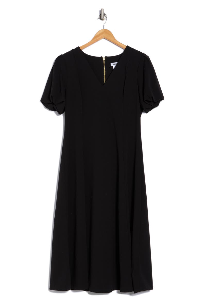 Puff Sleeve Fit & Flare Midi Dress, Alternate, color, BLACK