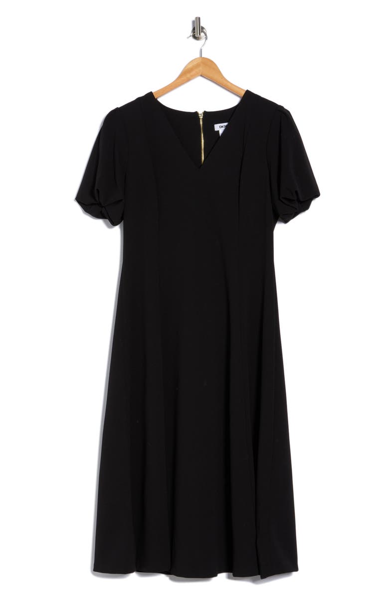 DKNY Puff Sleeve Fit & Flare Midi Dress, Alternate, color, Black