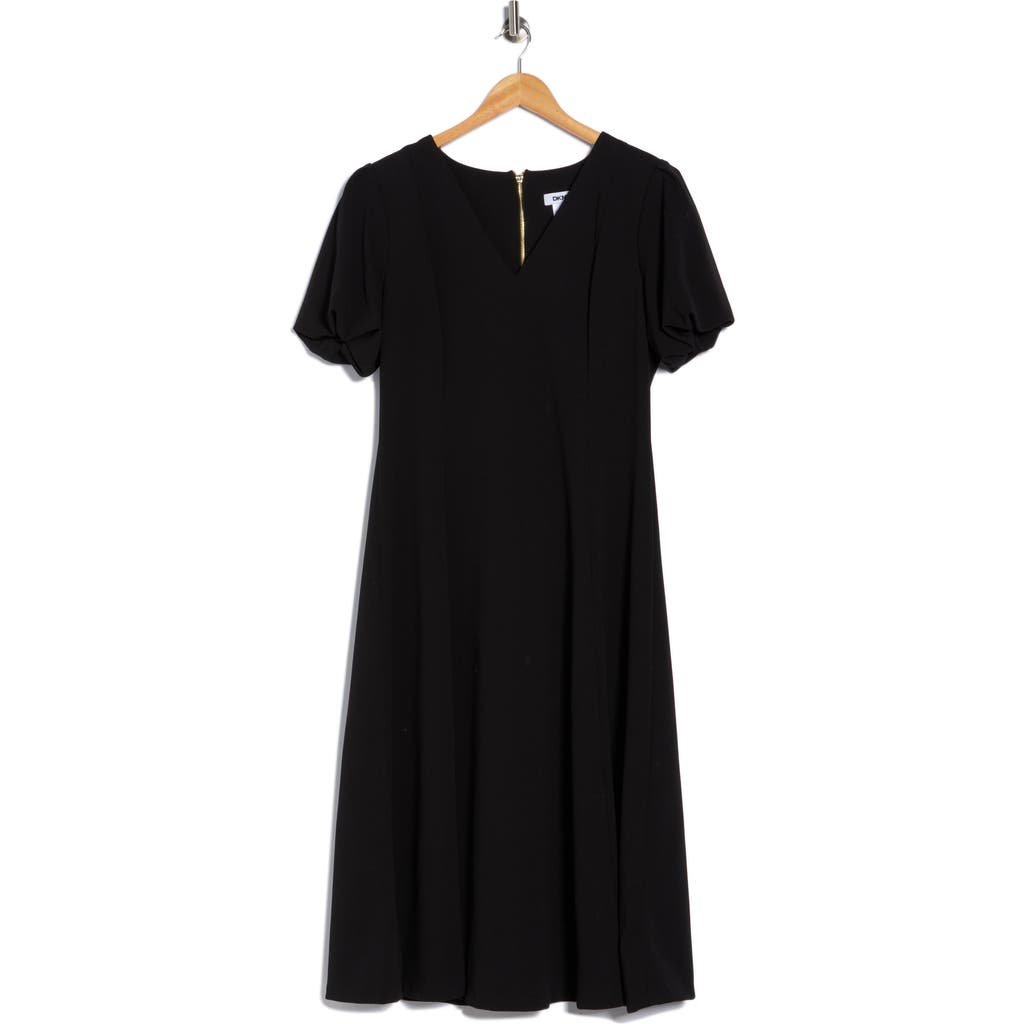 Dkny Puff Sleeve Fit & Flare Midi Dress In Black