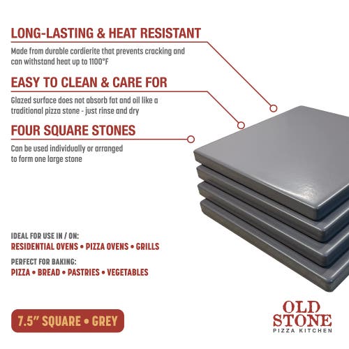 Old Stone Glazed Cordierite Square Pizza Stone 4 Piece Set, 7.5x7.5-inch In Gray