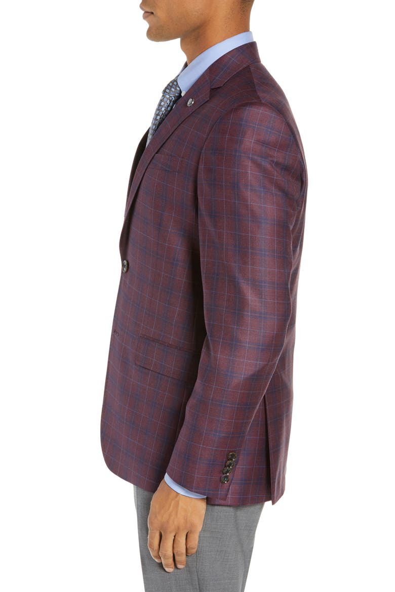 Jay Trim Fit Plaid Wool Sport Coat, Alternate, color, BERRY