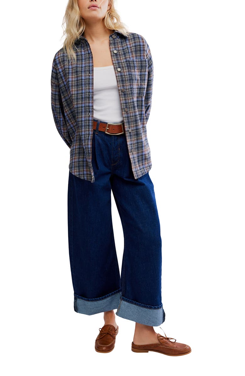 Free People Ashley Oversize Plaid Cotton Button-Up Shirt, Alternate, color, Blue Combo - Krista