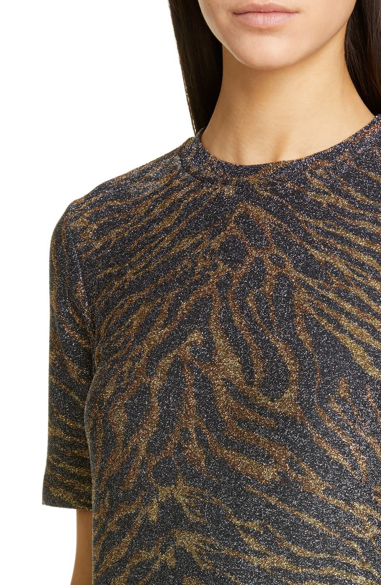 Ganni Tiger Print Metallic Jersey Tee, Alternate, color, 