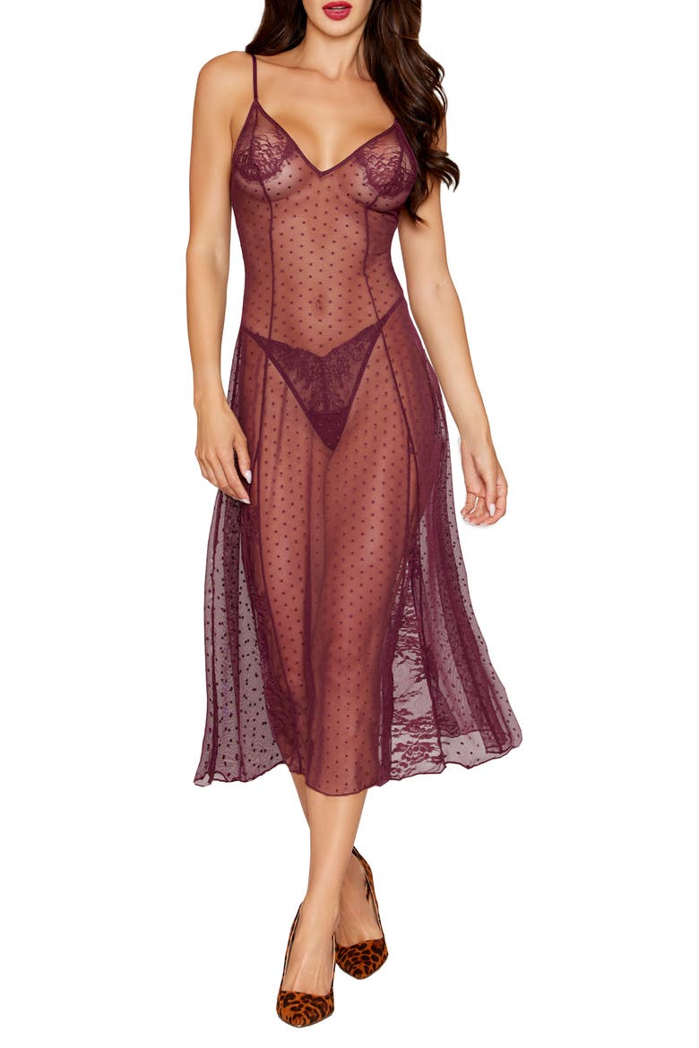 Swiss Dot Lace & Mesh Chemise & G-String Set, Main, color, BURGUNDY