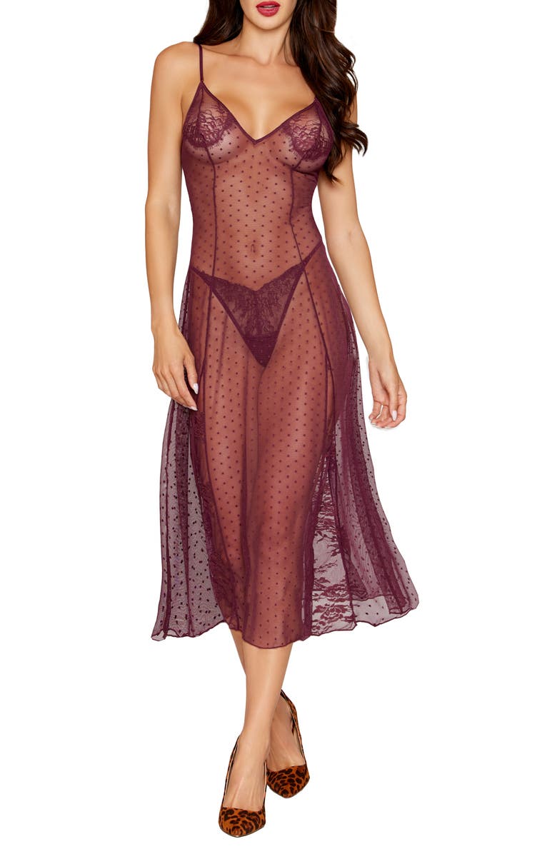 Dreamgirl Swiss Dot Lace & Mesh Chemise & G-String Set, Main, color, Burgundy
