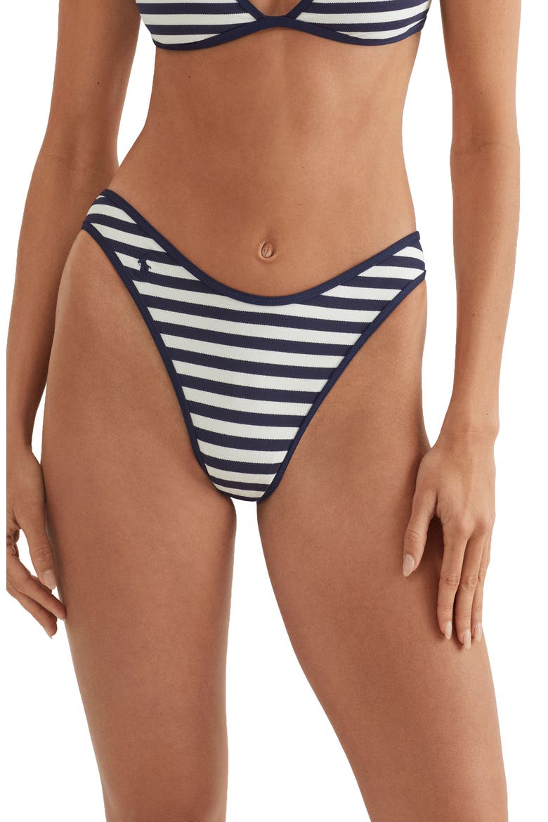 Stripe High Cut Scoop Bikini Bottoms, Main, color, WHITE/ NAVY
