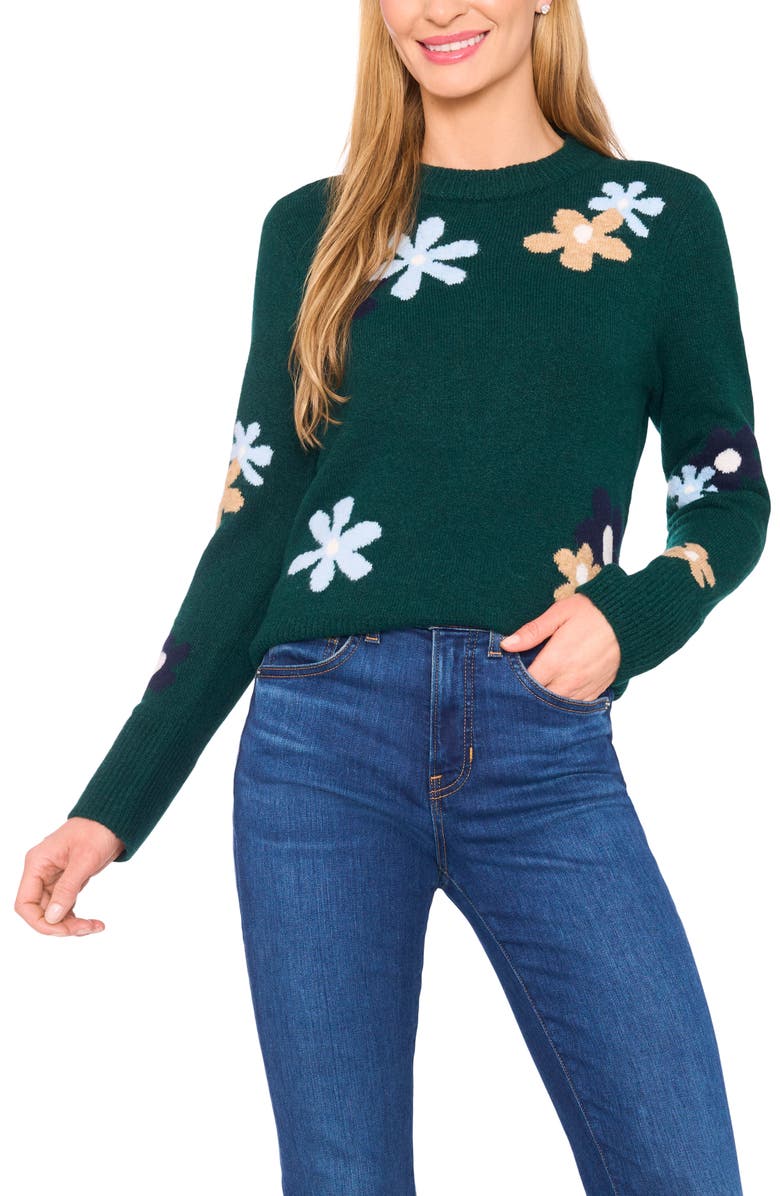 CeCe Floral Crewneck Sweater, Main, color, Dark Forrest
