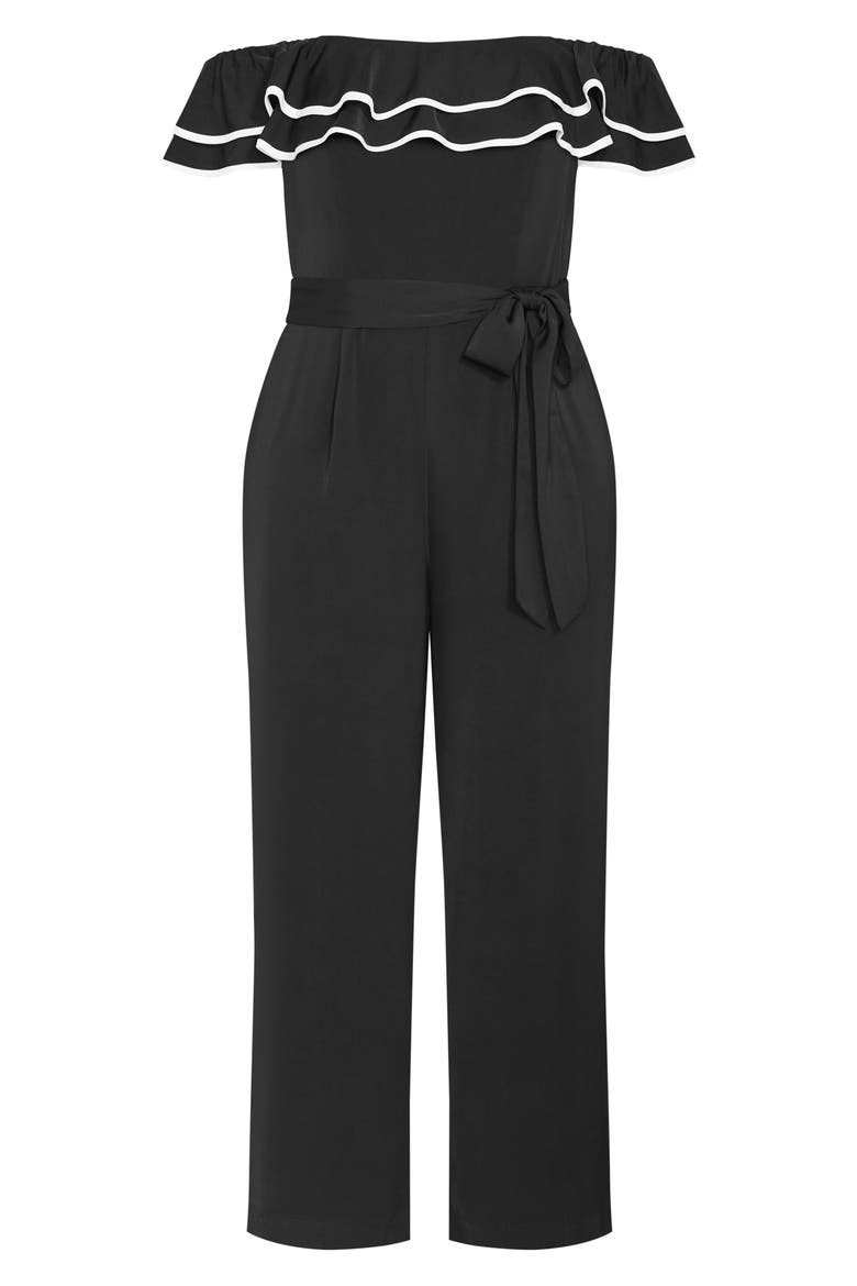 Demure Frill Off the Shoulder Jumpsuit, Alternate, color, BLACK