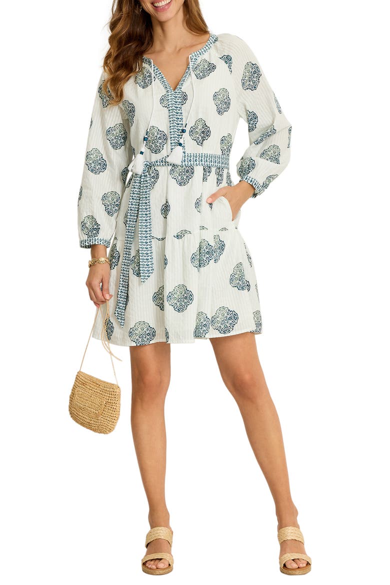 Mosaic Shortes Long Sleeve Cotton Dobby Minidress, Main, color, WHITE