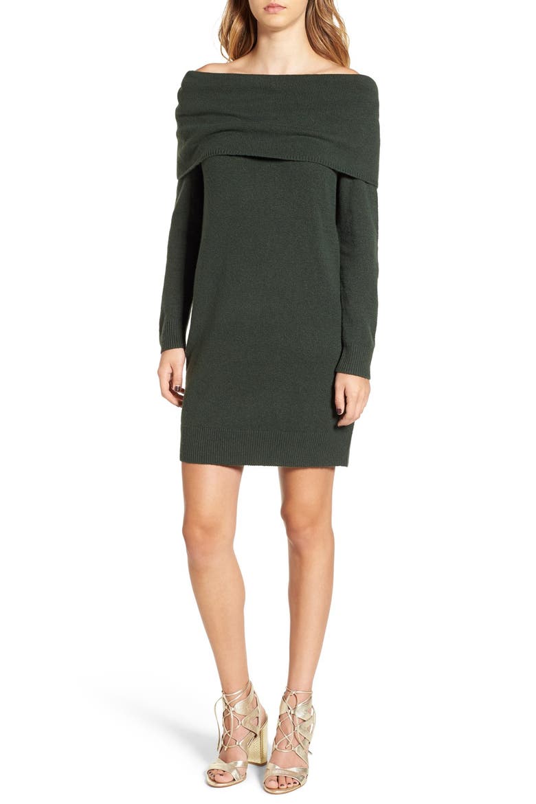 Off the Shoulder Sweater Dress, Main, color, GREEN WOOD