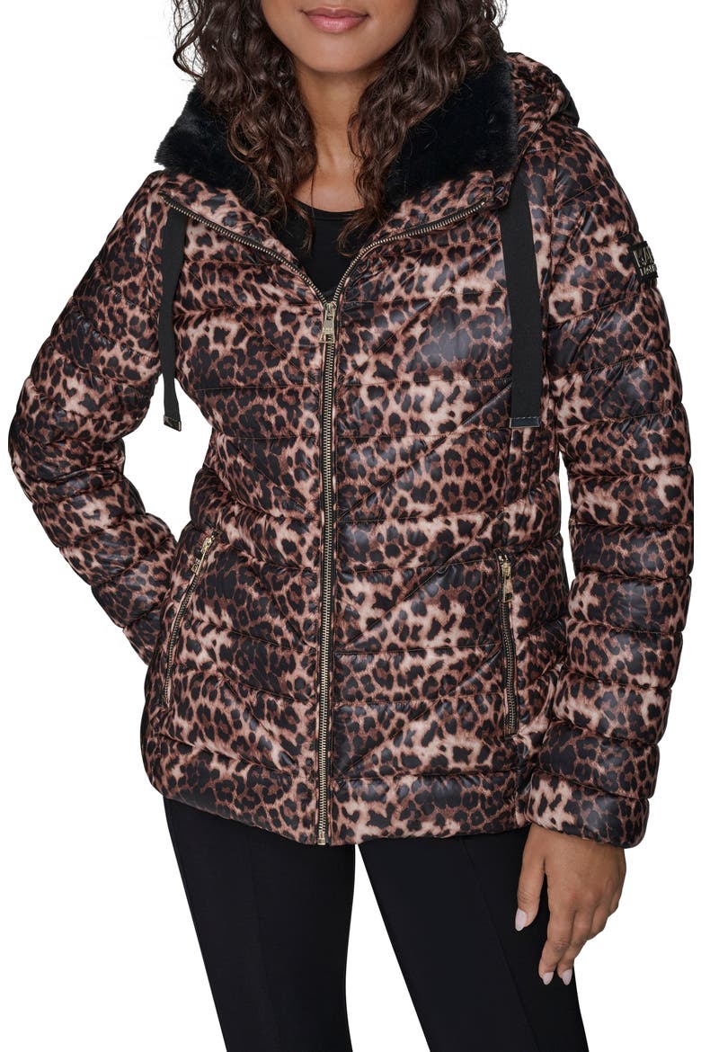 Logo Tape Faux Fur Collar Puffer Jacket, Main, color, LEOPARD