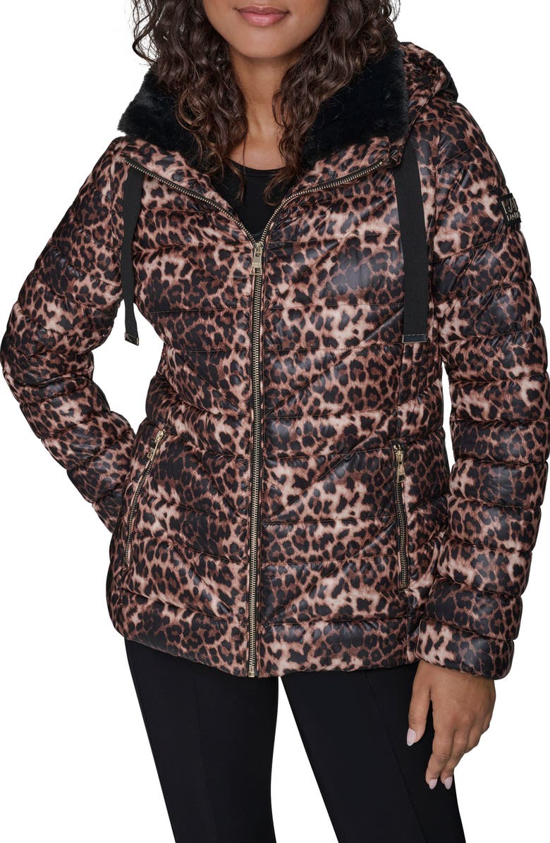 KARL LAGERFELD PARIS Logo Tape Faux Fur Collar Puffer Jacket, Main, color, Leopard