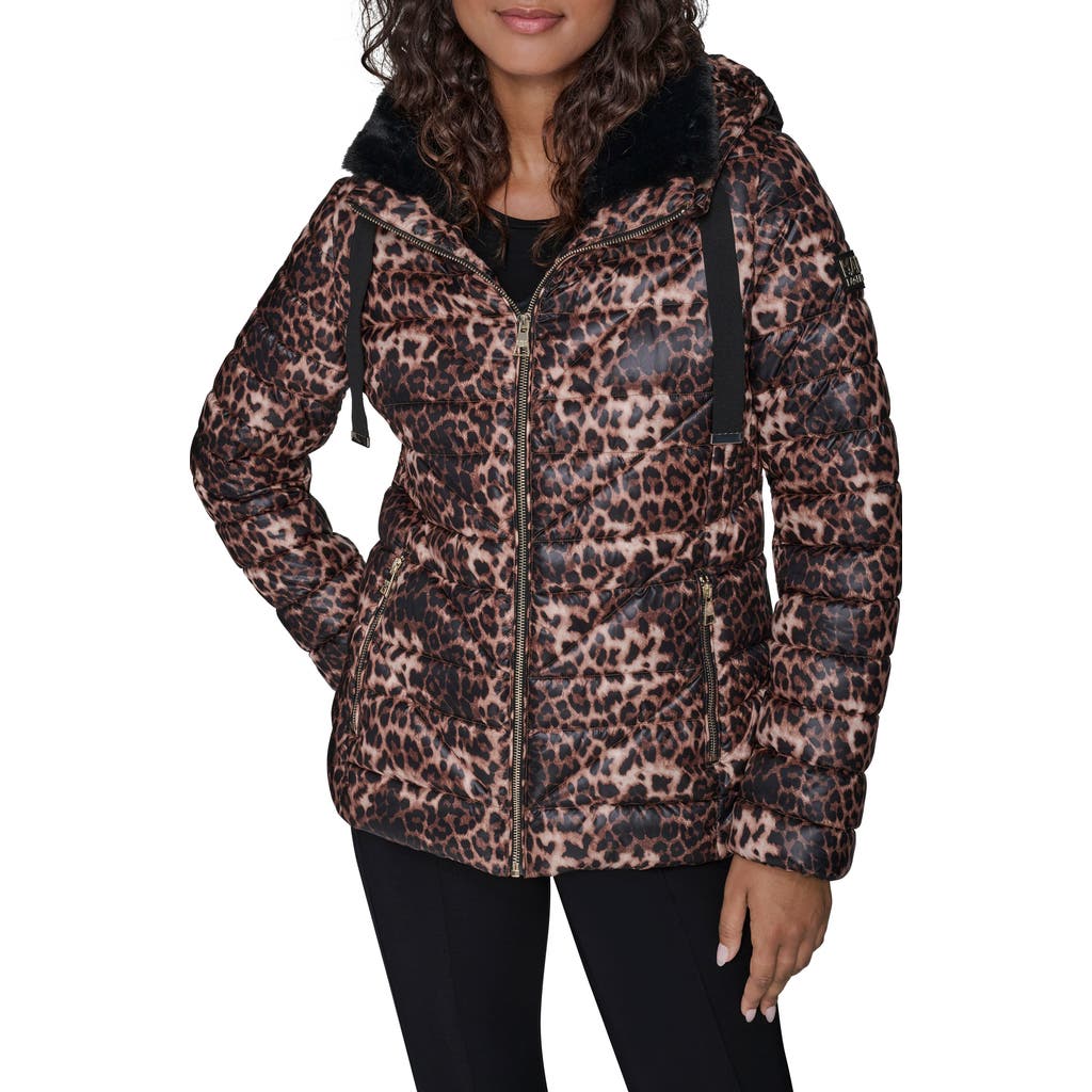 Karl Lagerfeld Paris Logo Tape Faux Fur Collar Puffer Jacket In Brown