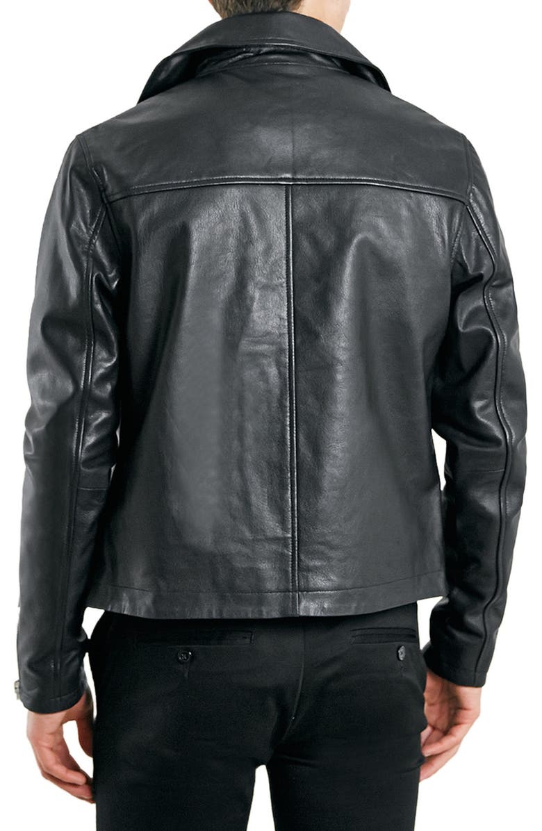 Topman Black Leather Biker Jacket, Alternate, color, 
