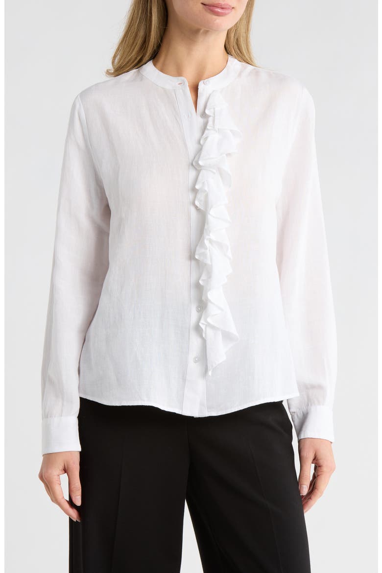 Ruffle Long Sleeve Linen Button-Up Shirt, Main, color, WHITE