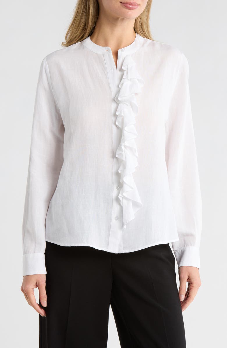 AREA STARS Ruffle Long Sleeve Linen Button-Up Shirt, Main, color, White