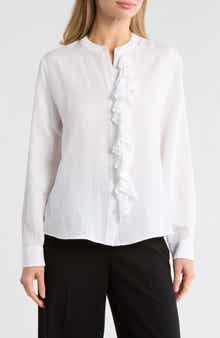AREA STARS Ruffle Long Sleeve Linen Button-Up Shirt
