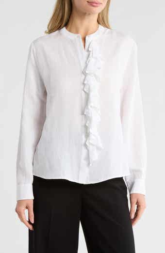 AREA STARS Ruffle Long Sleeve Linen Button-Up Shirt
