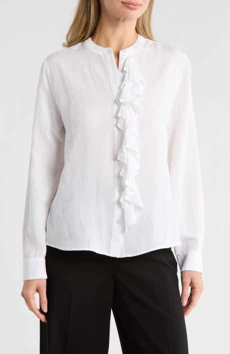 AREA STARS Ruffle Long Sleeve Linen Button-Up Shirt
