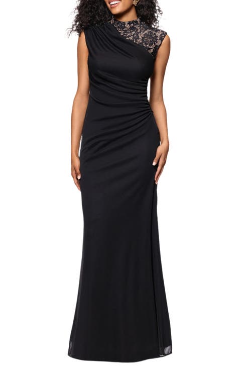 Lace Detail Mixed Media Ruched Gown