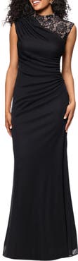 Betsy & Adam Lace Detail Mixed Media Ruched Gown