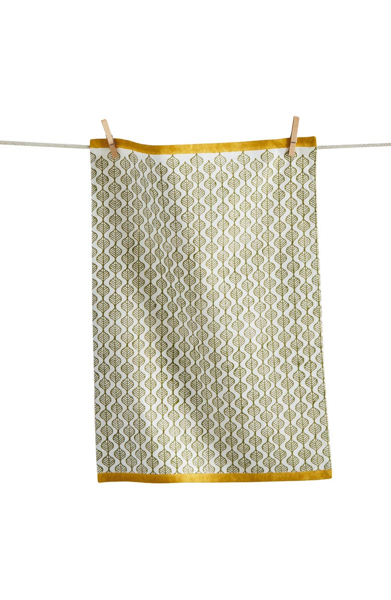tag Leaf Block Print Dishtowel Green Multi Cotton Everyday, Main, color, Green
